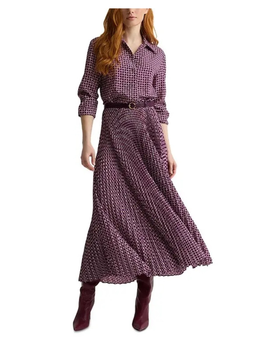 St. John Boysenberry-Tone Printed Long Sleeve Shirt Dress